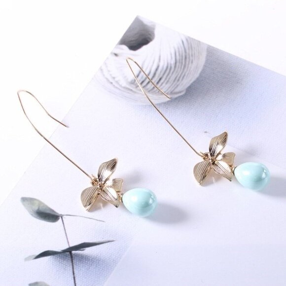 Edgy Minty Blue Teardrop Pearl Orchid Flower Gold Plated Long Earrings - Picture 4 of 5